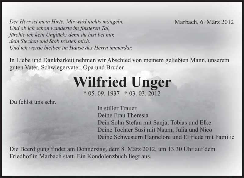  Traueranzeige für Wilfried Unger vom 06.03.2012 aus Marbacher Zeitung