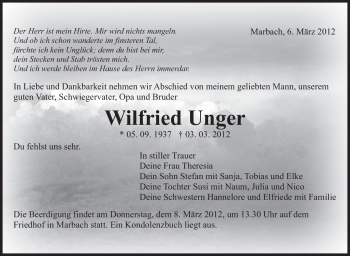 Traueranzeige von Wilfried Unger von Marbacher Zeitung