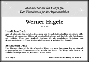Traueranzeige von Werner Hägele von Stuttgarter Zeitung / Stuttgarter Nachrichten