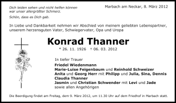 Traueranzeige von Konrad Thanner von Marbacher Zeitung