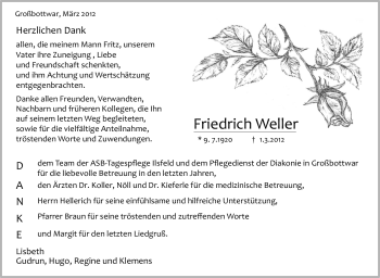 Traueranzeige von Friedrich Weller von Stuttgarter Zeitung / Stuttgarter Nachrichten