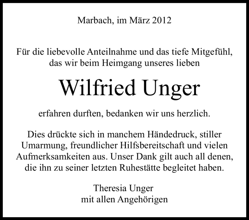  Traueranzeige für Wilfried Unger vom 22.03.2012 aus Marbacher Zeitung