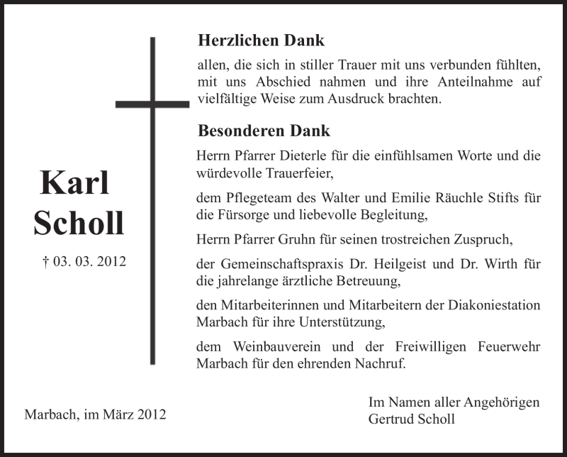  Traueranzeige für Karl Scholl vom 23.03.2012 aus Marbacher Zeitung