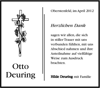 Traueranzeige von Otto Deuring von Marbacher Zeitung