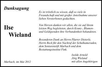 Traueranzeige von Ilse Wieland von Marbacher Zeitung