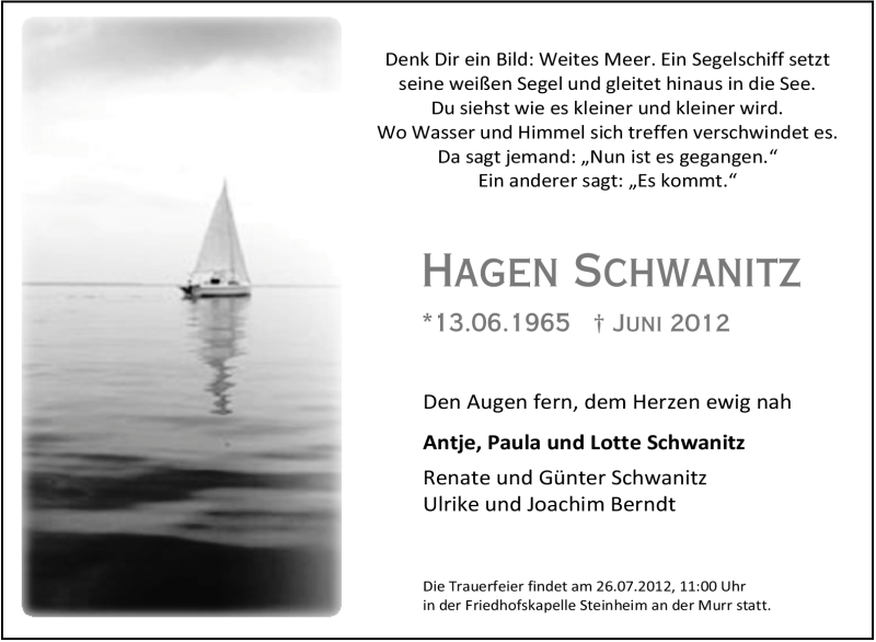  Traueranzeige für Hagen Schwanitz vom 24.07.2012 aus Marbacher Zeitung