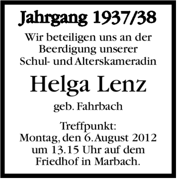 Traueranzeige von Helga Lenz von Marbacher Zeitung
