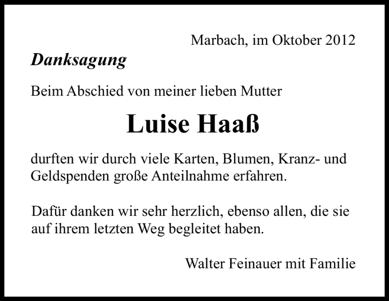  Traueranzeige für Luise Haaß vom 16.10.2012 aus Marbacher Zeitung