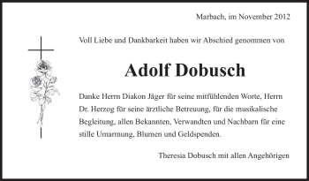 Traueranzeige von Adolf Dobusch von Marbacher Zeitung