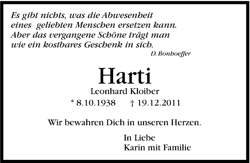  Traueranzeige für Leonhard Kloiber vom 19.12.2012 aus Marbacher Zeitung