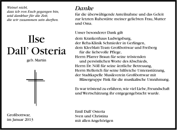 Traueranzeige von Ilse  Dall Osteria von Marbacher Zeitung