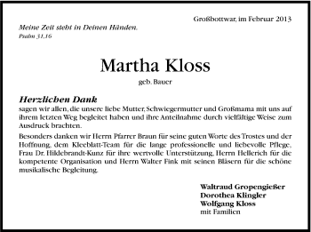 Traueranzeige von Martha Kloss von Marbacher Zeitung