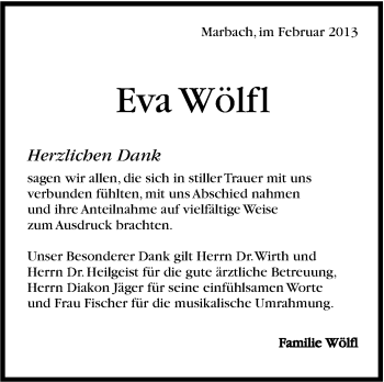 Traueranzeige von Eva Wölfl von Stuttgarter Zeitung / Stuttgarter Nachrichten