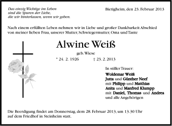 Traueranzeige von Alwine Weiß von Stuttgarter Zeitung / Stuttgarter Nachrichten