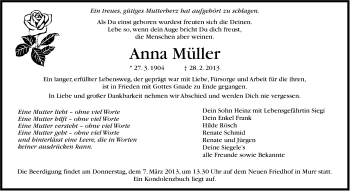 Traueranzeige von Anna Müller von Stuttgarter Zeitung / Stuttgarter Nachrichten