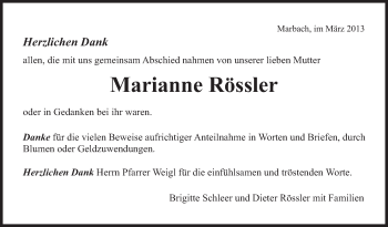 Traueranzeige von Marianne Rössler von Stuttgarter Zeitung / Stuttgarter Nachrichten