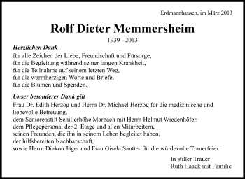 Traueranzeige von Rolf Dieter Memmersheim von Marbacher Zeitung