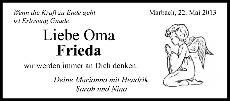  Traueranzeige für Frieda  vom 21.05.2013 aus Marbacher Zeitung