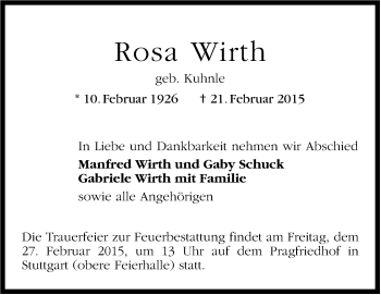 Traueranzeige von Rosa Wirth von Stuttgarter Zeitung / Stuttgarter Nachrichten