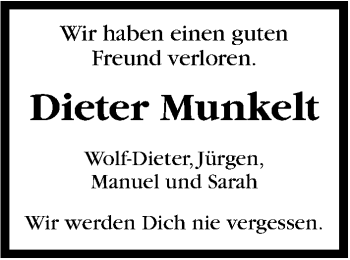 Traueranzeige von Dieter Munkelt von Stuttgarter Zeitung / Stuttgarter Nachrichten
