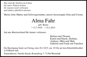 Traueranzeige von Alma Fahr von Stuttgarter Zeitung / Stuttgarter Nachrichten