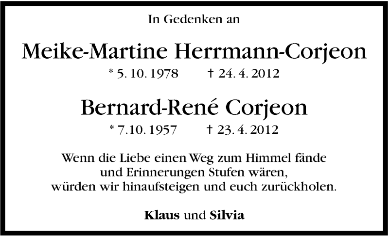  Traueranzeige für Meike-Martine und Bernard-René Corjeon vom 24.04.2015 aus Stuttgarter Zeitung / Stuttgarter Nachrichten