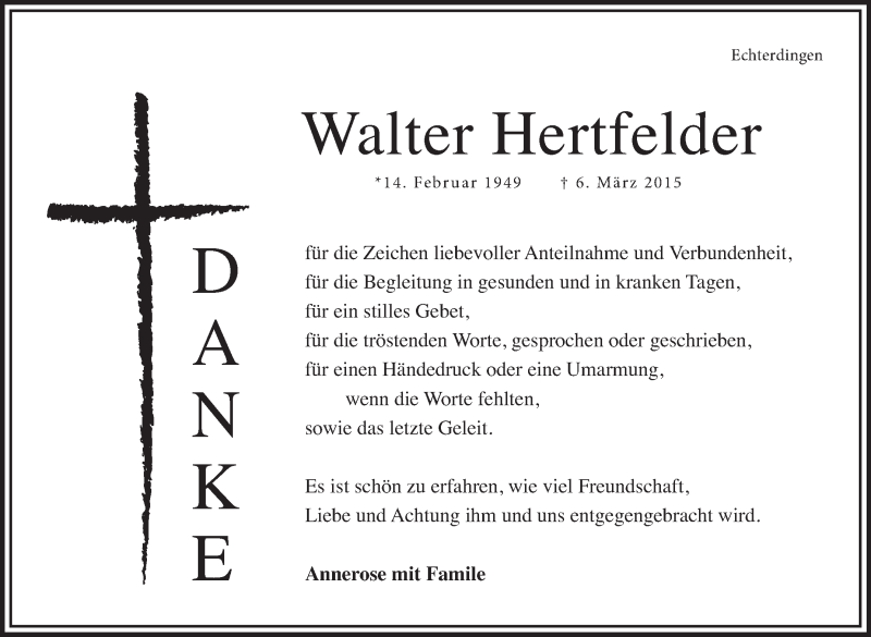  Traueranzeige für Walter Hertfelder vom 26.03.2015 aus Stuttgarter Zeitung / Stuttgarter Nachrichten