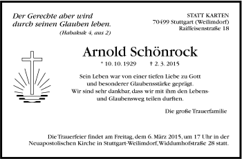 Traueranzeige von Arnold Schönrock von Stuttgarter Zeitung / Stuttgarter Nachrichten