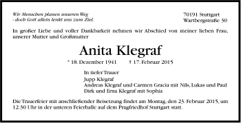 Traueranzeige von Anita Klegraf von Stuttgarter Zeitung / Stuttgarter Nachrichten