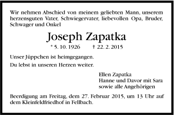 Traueranzeige von Joseph Zapatka von Stuttgarter Zeitung / Stuttgarter Nachrichten
