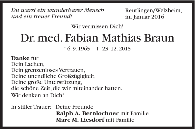  Traueranzeige für Fabian Mathias Braun vom 07.01.2016 aus Stuttgarter Zeitung / Stuttgarter Nachrichten