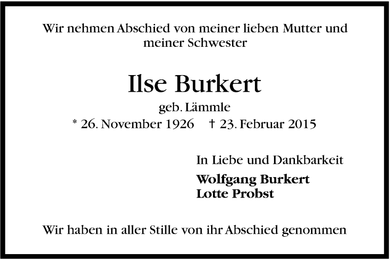  Traueranzeige für Ilse Burkert vom 26.02.2015 aus Stuttgarter Zeitung / Stuttgarter Nachrichten