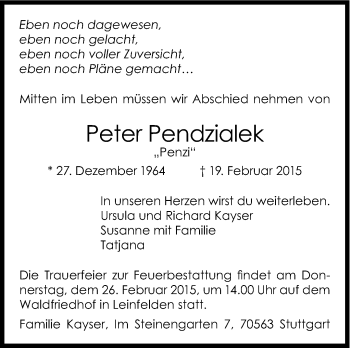 Traueranzeige von Peter Pendzialek von Stuttgarter Zeitung / Stuttgarter Nachrichten