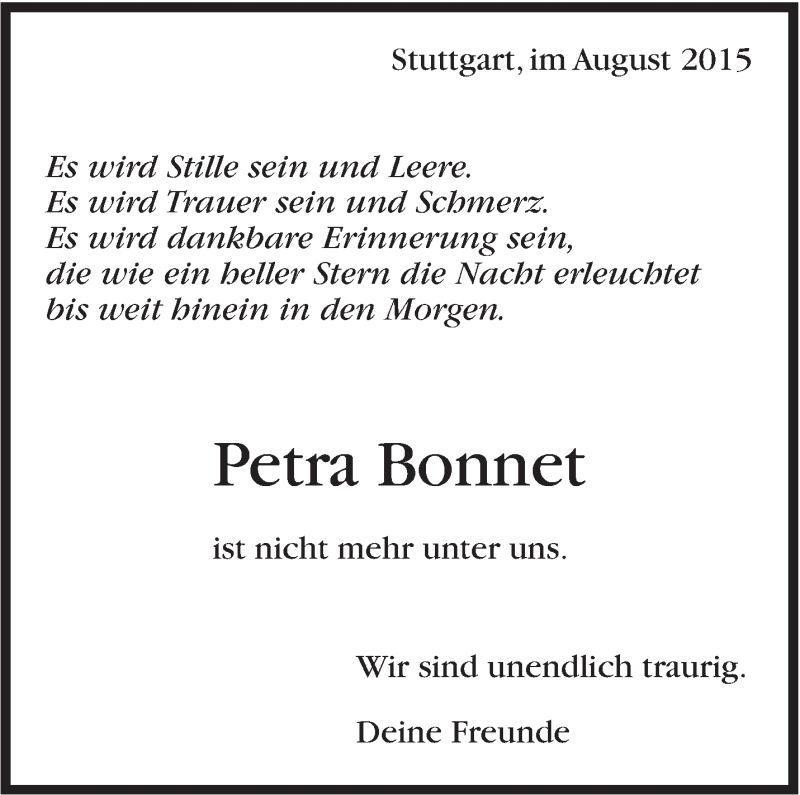  Traueranzeige für Petra Bonnet vom 31.08.2015 aus Stuttgarter Zeitung