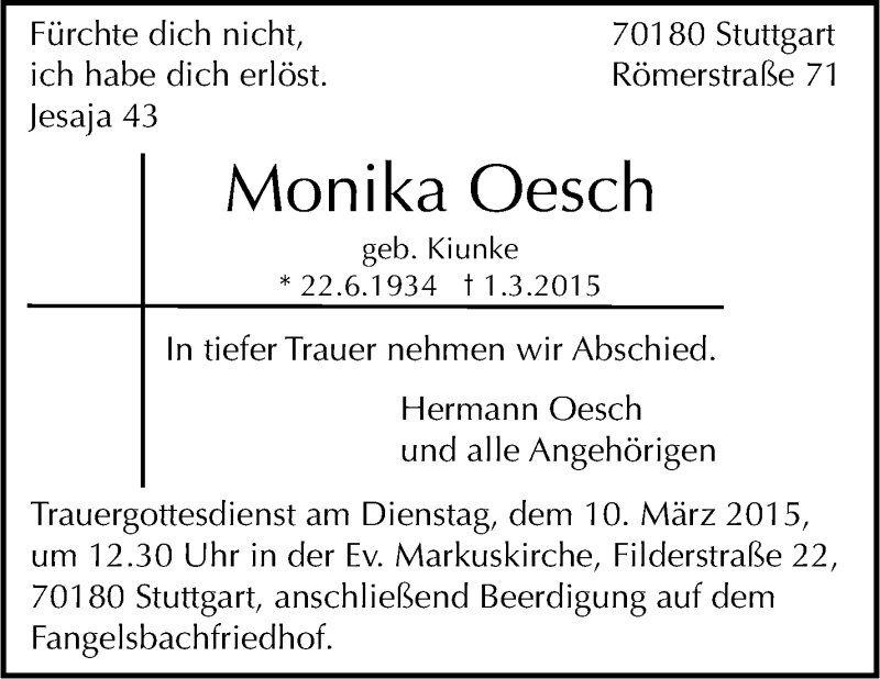  Traueranzeige für Monika Oesch vom 05.03.2015 aus Stuttgarter Zeitung / Stuttgarter Nachrichten