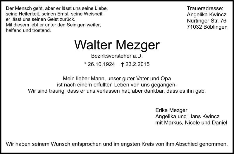  Traueranzeige für Walter Mezger vom 28.02.2015 aus Stuttgarter Zeitung / Stuttgarter Nachrichten