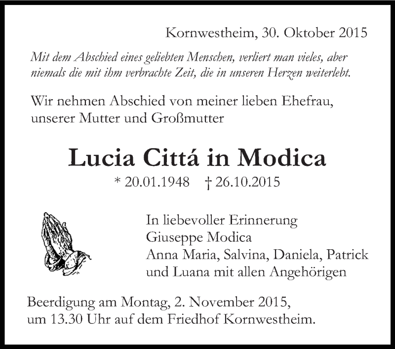  Traueranzeige für Lucia Cittá in Modica vom 30.10.2015 aus Stuttgarter Zeitung / Stuttgarter Nachrichten