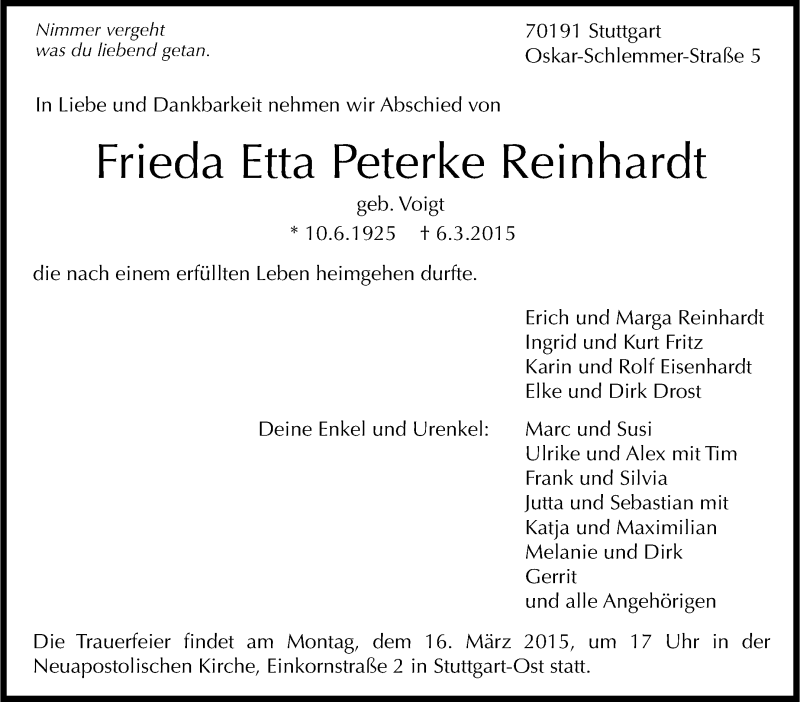  Traueranzeige für Frieda Etta  Peterke Reinhardt vom 11.03.2015 aus Stuttgarter Zeitung / Stuttgarter Nachrichten