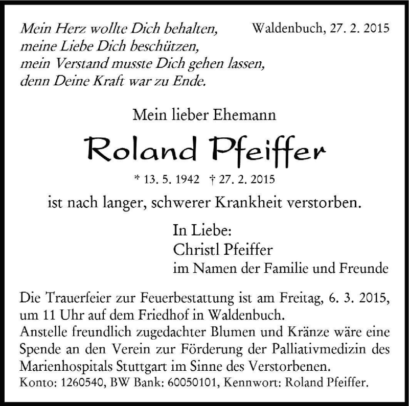  Traueranzeige für Roland Pfeiffer vom 04.03.2015 aus Stuttgarter Zeitung / Stuttgarter Nachrichten