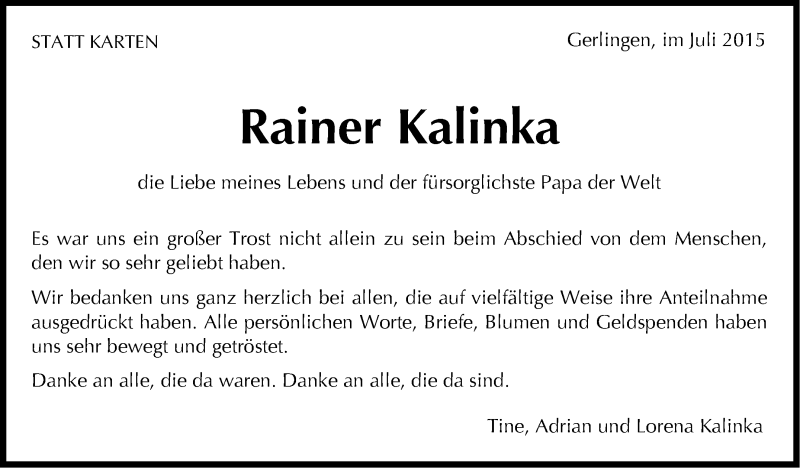  Traueranzeige für Rainer Kalinka vom 30.07.2015 aus Stuttgarter Zeitung / Stuttgarter Nachrichten