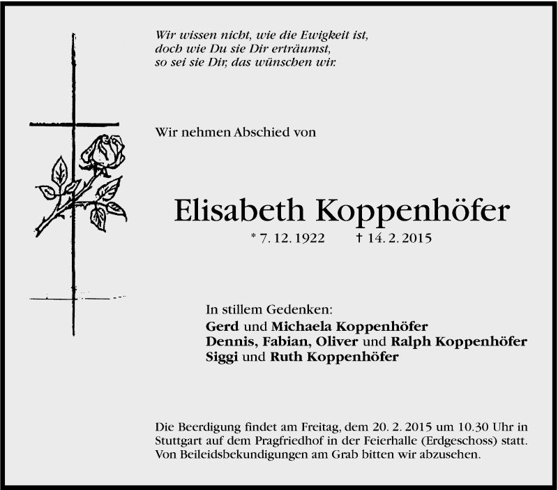  Traueranzeige für Elisabeth Koppenhöfer vom 18.02.2015 aus Stuttgarter Zeitung / Stuttgarter Nachrichten