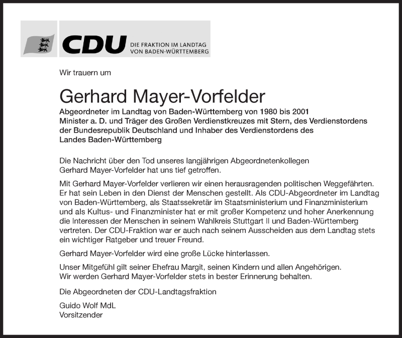  Traueranzeige für Gerhard Mayer-Vorfelder vom 20.08.2015 aus Stuttgarter Zeitung / Stuttgarter Nachrichten