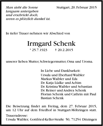 Traueranzeige von Irmgard Schenk von Stuttgarter Zeitung / Stuttgarter Nachrichten