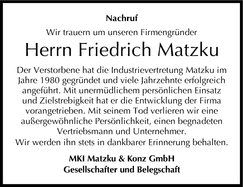  Traueranzeige für Friedrich Matzku vom 11.03.2015 aus Stuttgarter Zeitung / Stuttgarter Nachrichten