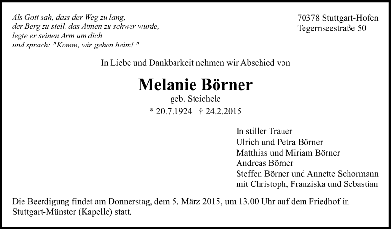  Traueranzeige für Melanie Börner vom 28.02.2015 aus Stuttgarter Zeitung / Stuttgarter Nachrichten