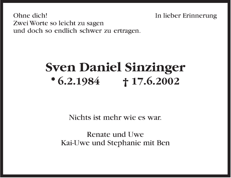  Traueranzeige für Sven Daniel Sinzinger vom 17.06.2015 aus Stuttgarter Zeitung / Stuttgarter Nachrichten