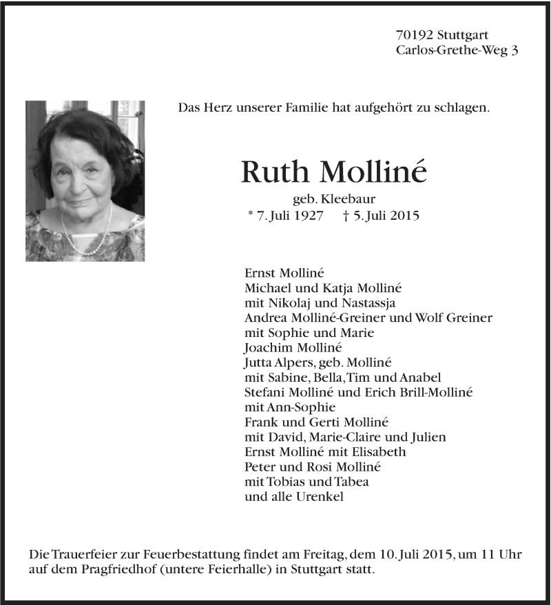  Traueranzeige für Ruth Molliné vom 07.07.2015 aus Stuttgarter Zeitung / Stuttgarter Nachrichten