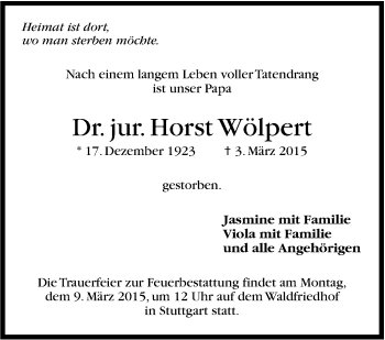 Traueranzeige von Horst Wölpert von Stuttgarter Zeitung / Stuttgarter Nachrichten
