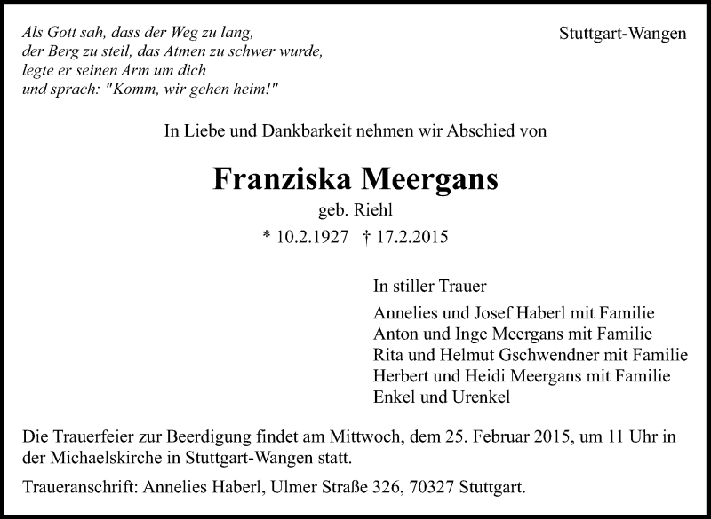  Traueranzeige für Franziska Meergans vom 23.02.2015 aus Stuttgarter Zeitung / Stuttgarter Nachrichten