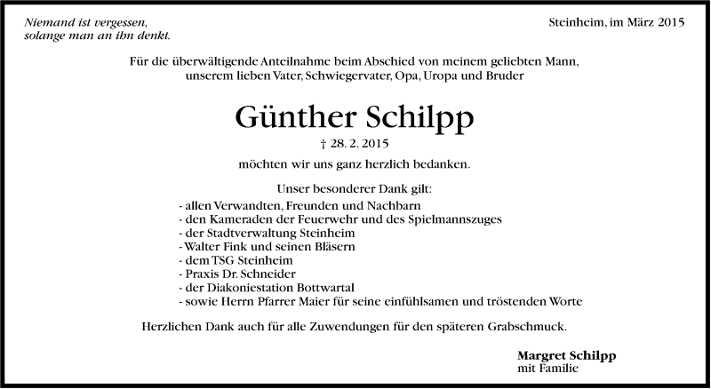  Traueranzeige für Günther Schilpp vom 19.03.2015 aus Stuttgarter Zeitung / Stuttgarter Nachrichten
